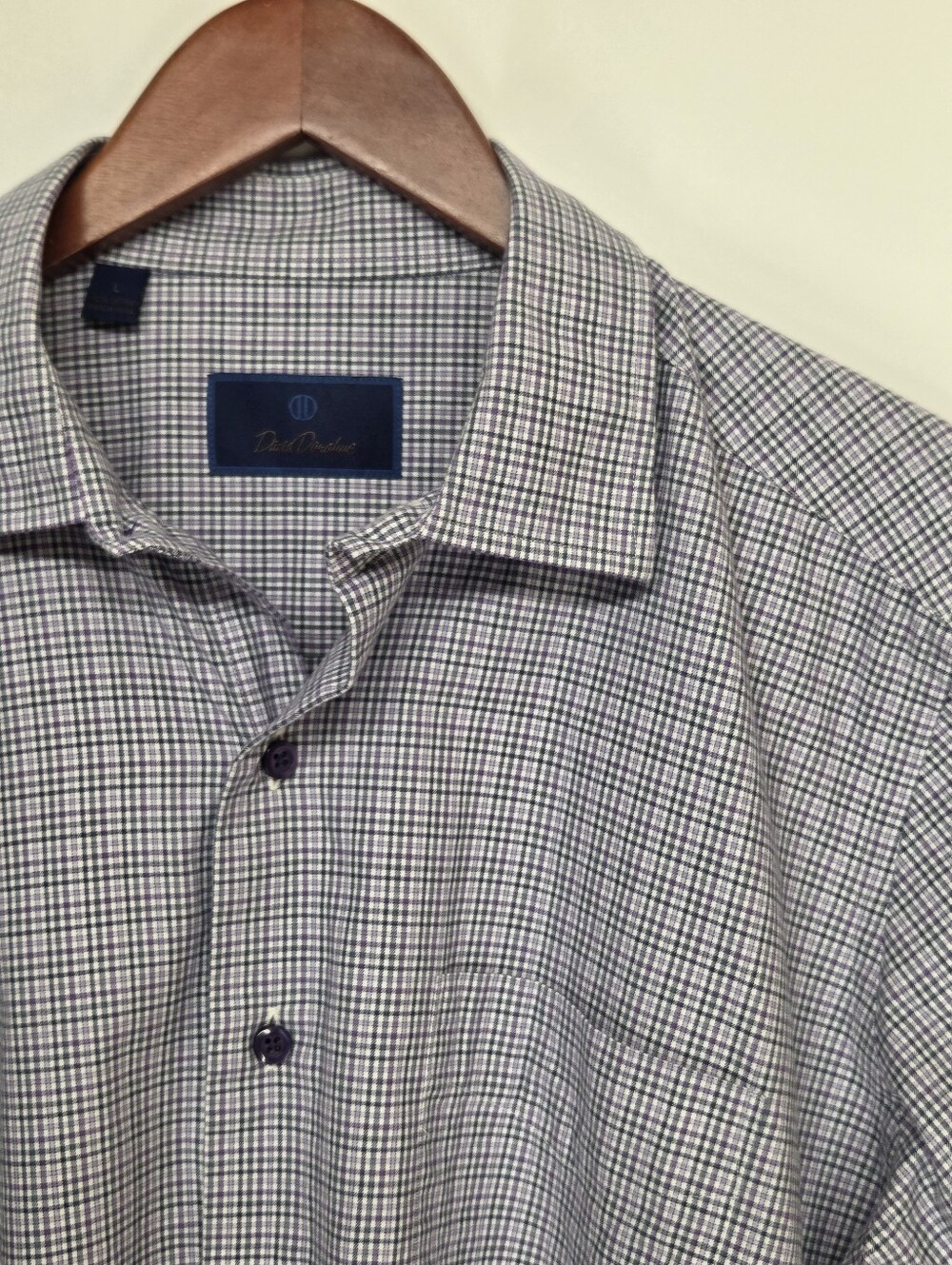 David Donahue Mens L Purple Check Dress Shirt Long Sleeve Spread Collar
